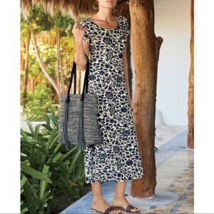 Peruvian Connection Fleur de Chine Floral Print Midi Dress stretch knit blue